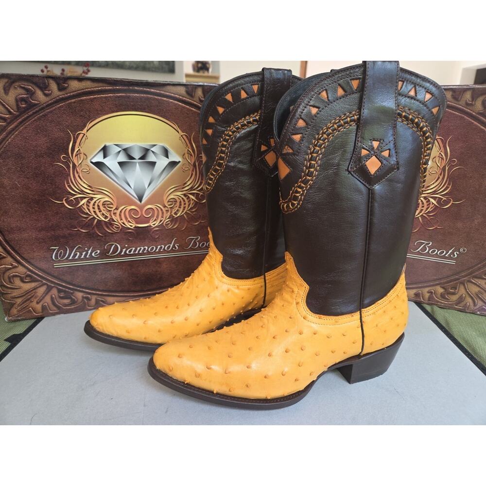 White Diamond Ostrich Skin Handmade Exotic Cowboy Boots US10 Mexico